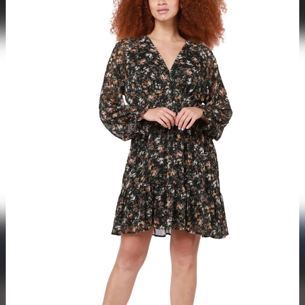 Black Tape Chiffon V Neck Midi Dress Puff Sleeve Tiered Skirt XL 1X Floral